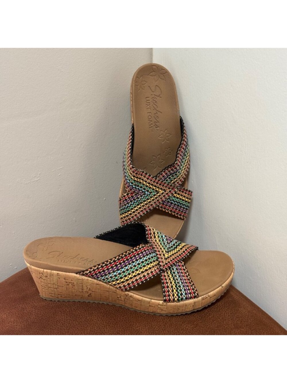 Skechers Luxe Foam Rainbow Woven Cork Wedge Sandals Womens Size 9.5